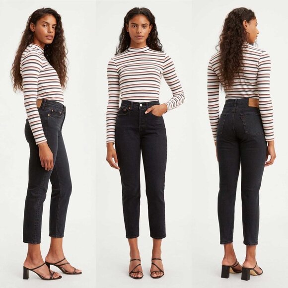 Levis Black Wedgie Straight High Rise‎ Button Fly Jeans Size 25 Waterless Denim - Picture 1 of 14
